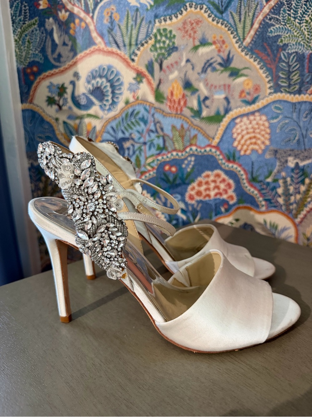 Badgley Mischka Ivory Satin Crystal-Embellished High Heel Sandals